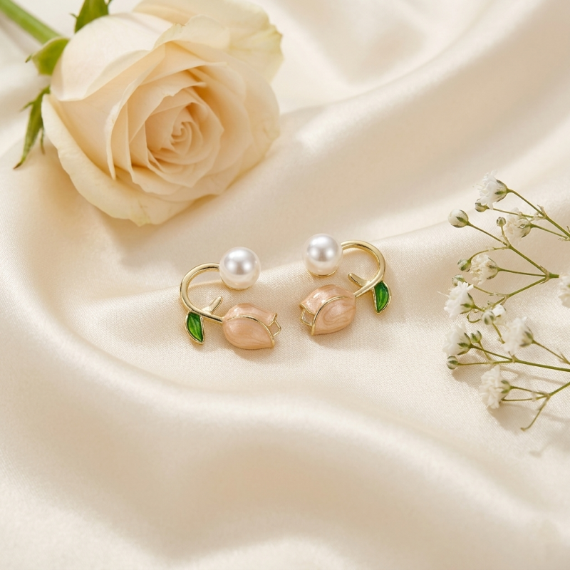 Pearl Tulip Gold Stud Earrings