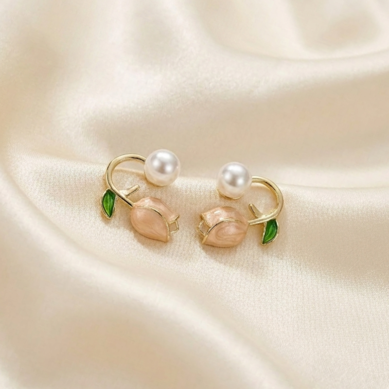 Pearl Tulip Gold Stud Earrings
