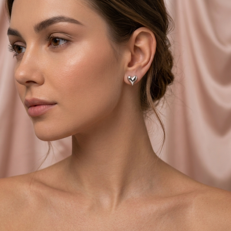 Sculpted Silver Heart Stud Earrings