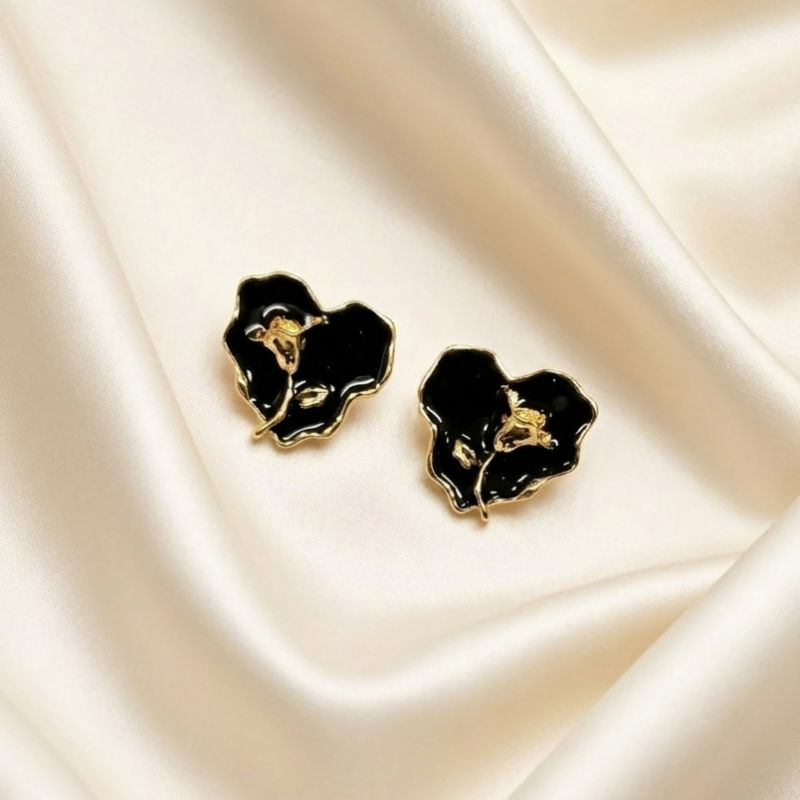 Vintage Black Enamel Rose Stud Earrings