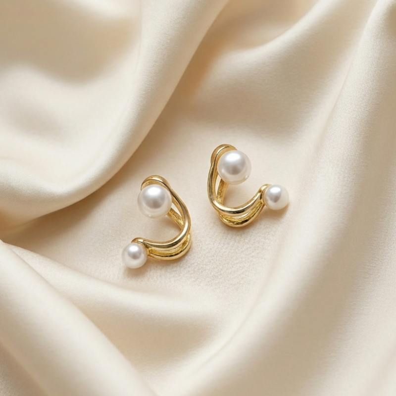 Elegant Gold Dual Pearl Stud Earrings