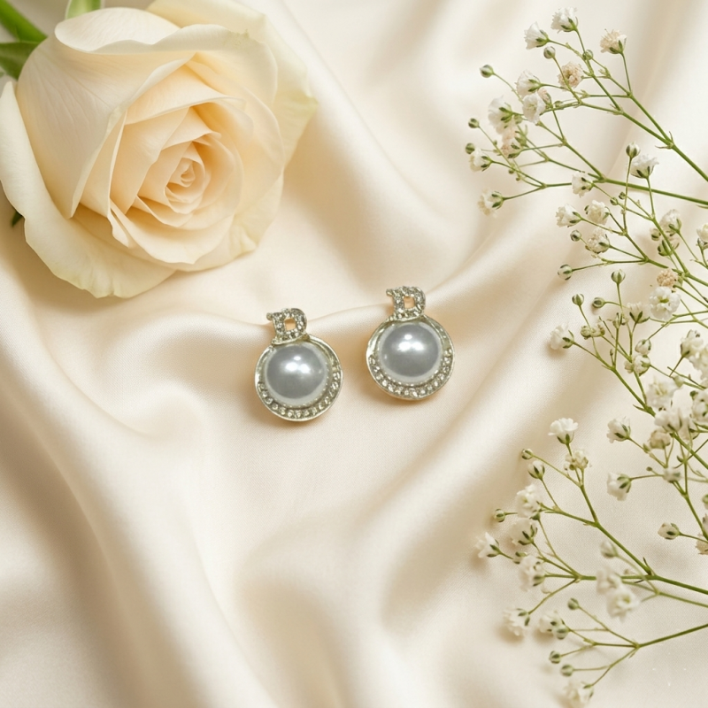 Crystal Initial D Pearl Halo Stud Earrings