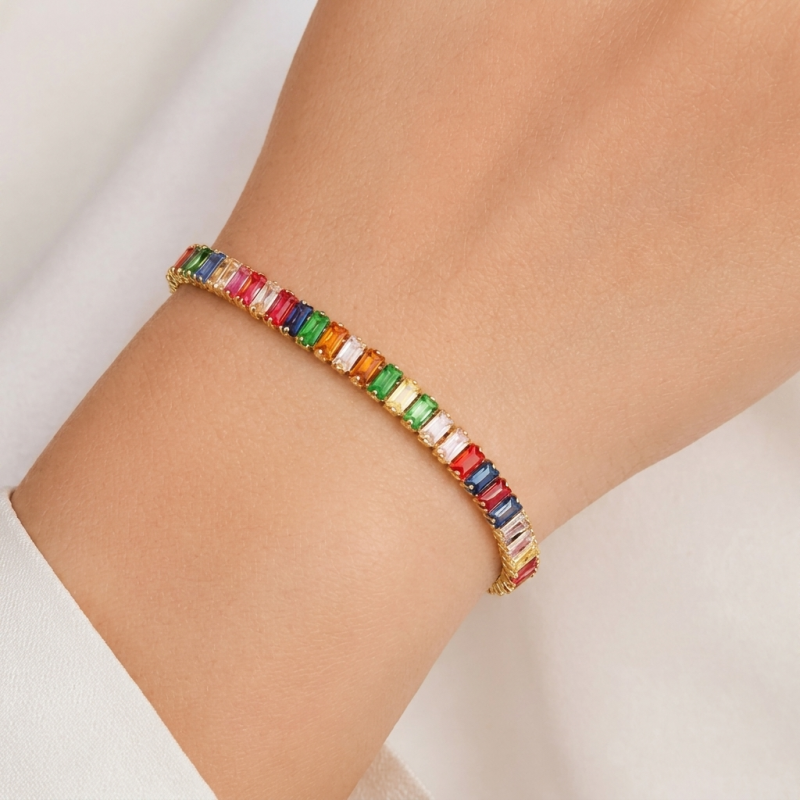 Vibrant Rainbow Baguette Tennis Bracelet