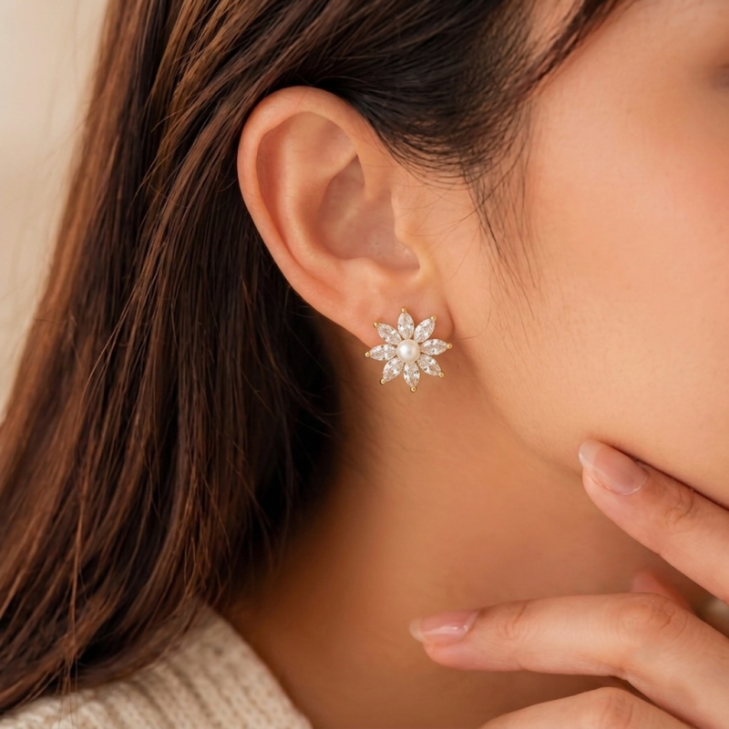 Elegant Crystal Floral Pearl Earrings