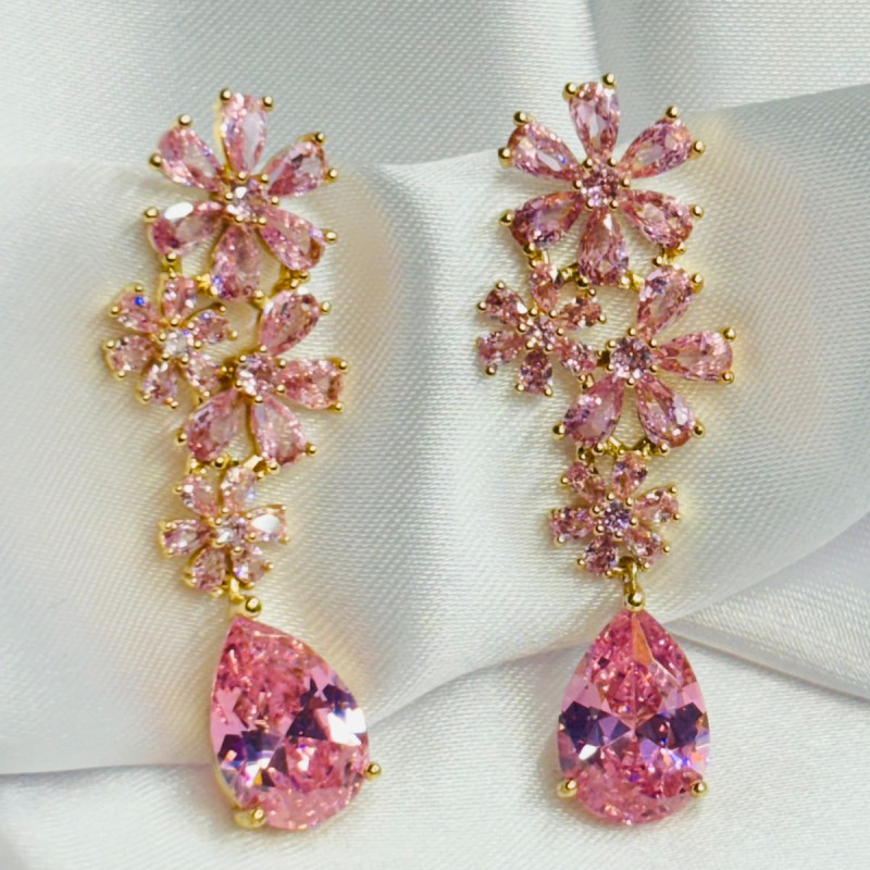 Gold Plated Pink Cubic Zirconia and Sapphire Drop Earrings