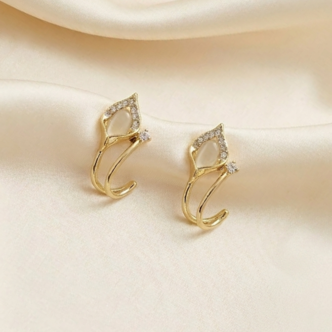 Korean Leaf Crystal Hoop Earrings