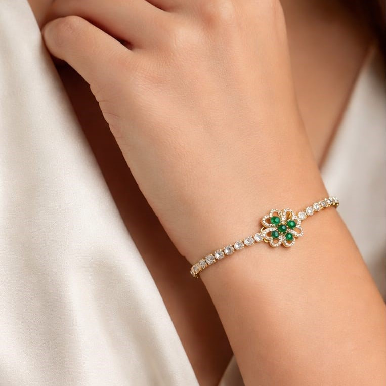 Luxurious Gold Green Blossom Bangle Bracelet