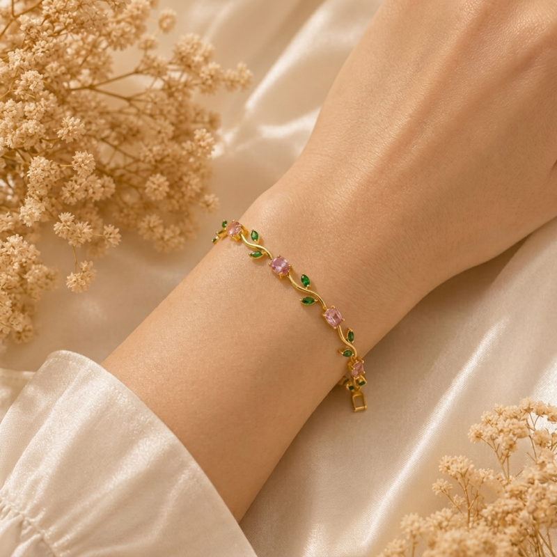 Elegant Pink Rose Vine Bracelet