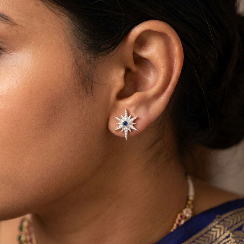 Celestial Starburst Blue Sapphire Earrings