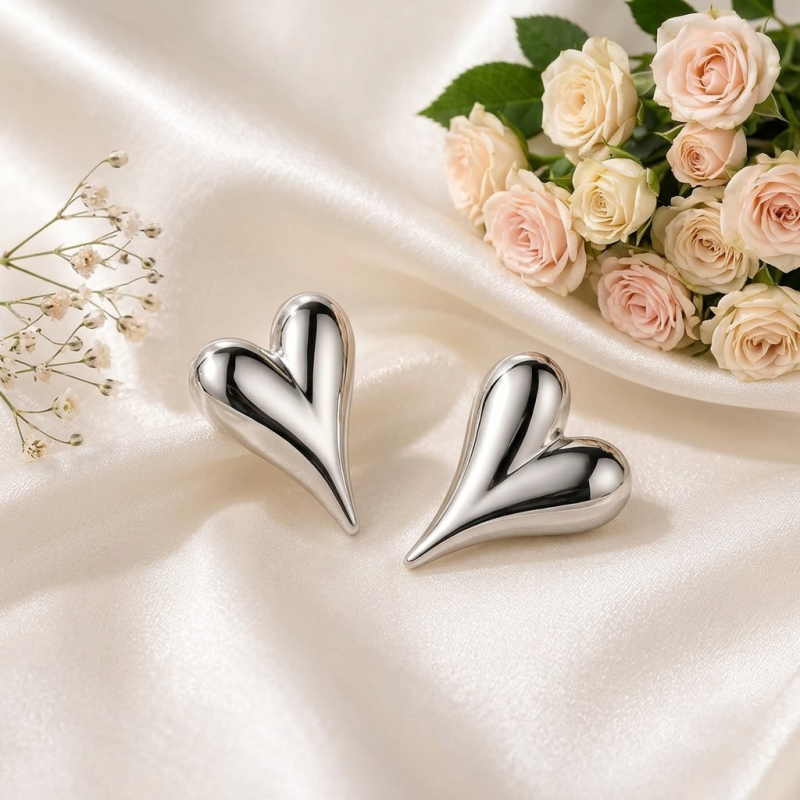 Sculpted Silver Heart Stud Earrings