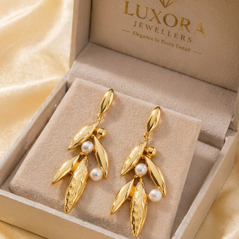 Elegant Gold Leaf Pearl Long Earrings
