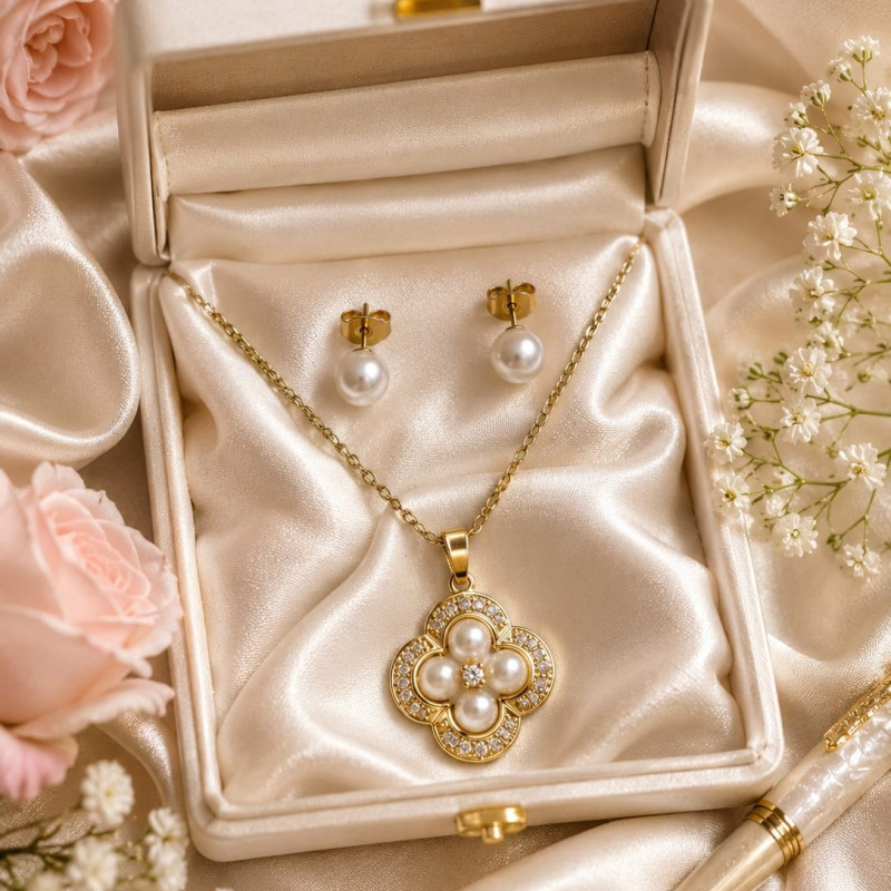 Elegant Pearl Clover Jewelry Set