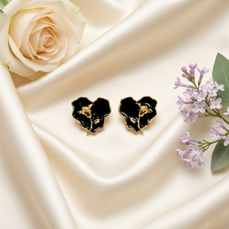 Vintage Black Enamel Rose Stud Earrings