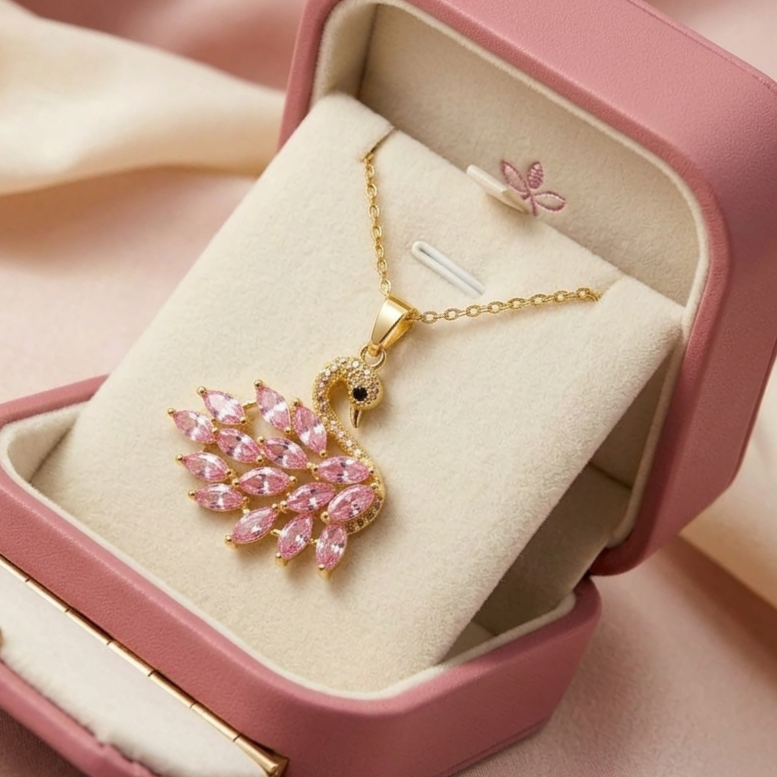 Elegant Pink Crystal Swan Necklace