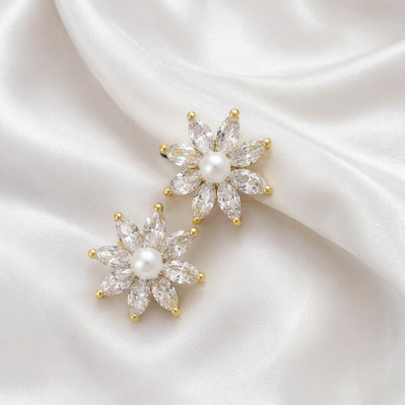 Elegant Crystal Floral Pearl Earrings