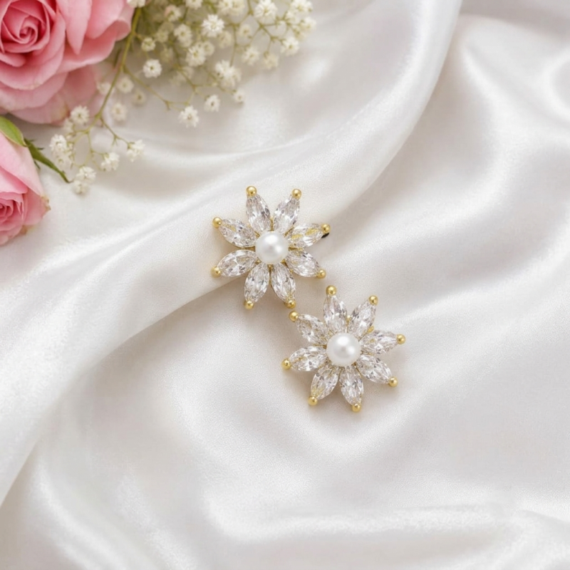 Elegant Crystal Floral Pearl Earrings