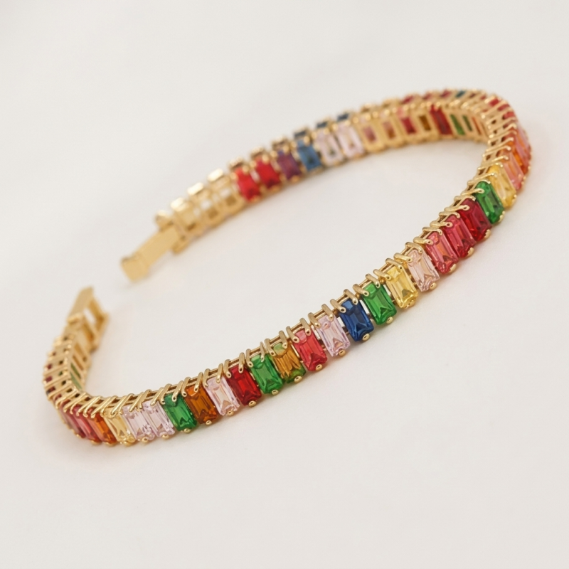 Vibrant Rainbow Baguette Tennis Bracelet